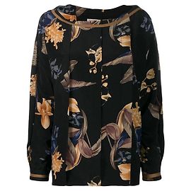 Versace Seidenbluse Schwarz mit Blumenprint und Plissee