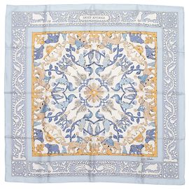 Hermès Foulard in seta stampato Hermes motivo Early America azzurro e multicolore