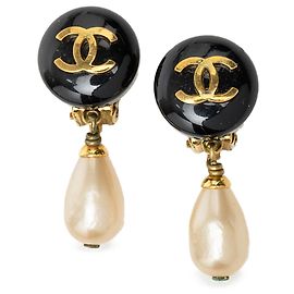 Black Chanel CC Gold Plated Resin and Faux Pearl Drop Clip On Earrings