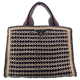 Prada Bolso Tote y bolso de mano Madras de piel trenzada beige y negro