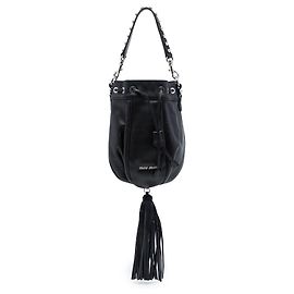 Miu Miu Bucket Bag aus schwarzem Nappaleder mit Griff und Kristallbesatz