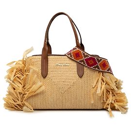 Borsa Satchel Miu Miu in rafia beige con frange