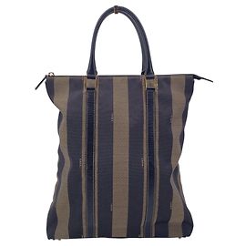 Fendi Vintage Shopper aus Pequin-gestreifter Canvas in Schwarz und Braun mit Leder