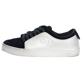 Chanel Sneakers CC argento con bordo in velluto blu - size EU 37