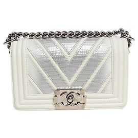 Chanel Borsa Boy 2016 piccola in lucertola chevron bianca