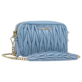 Miu Miu Matelasse Chain Shoulder Bag Leather 2way Light Blue Gold Auth BA15627V