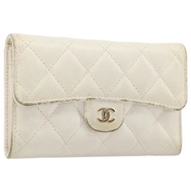 Carteira Longa CHANEL Matelasse Caviar Skin White Gold CC Auth 200700