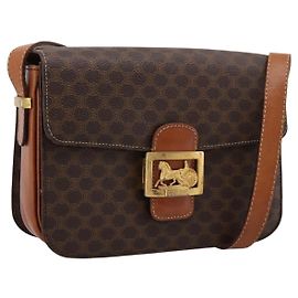 Céline Bolsa CELINE Macadam Canvas Horse Carriage Bag PVC Leather Brown Gold Auth 202877