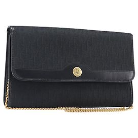 Borsa a tracolla con catena Christian Dior Trotter Canvas Nero Oro Auth 203456