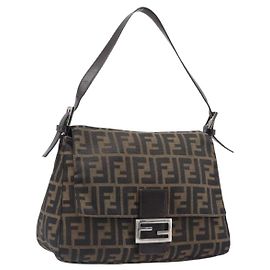 Bolso de hombro FENDI Zucca Canvas Mamma Baguette Marrón Negro Auth BA15633A