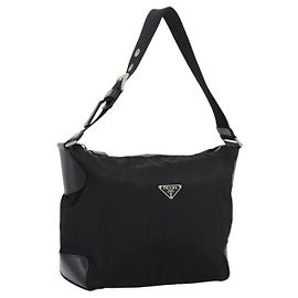 Bolso de hombro PRADA Nylon Negro Plata Auth 201223A