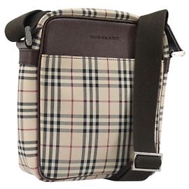 BURBERRY Nova Check Schultertasche Canvas Beige Silver Auth 200675