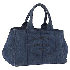 PRADA Canapa MM Handtasche Denim Blue Gold Tone Auth 201120