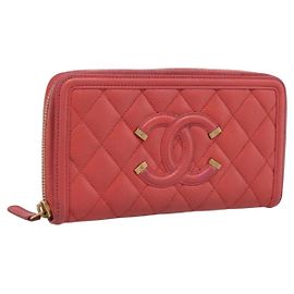 CHANEL Matelasse Long Wallet Caviar Skin Orange Gold Tone CC Auth 203090