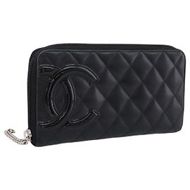 CHANEL Cambon Line Matelasse Long Wallet Leather Black Silver CC Auth 201210A