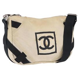 CHANEL Chanel Sports Shoulder Bag Canvas Beige Silver CC Auth BA15714