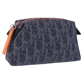 Pouch Christian Dior Trotter Canvas Flight Line Denim Navy Silver Auth 203039A