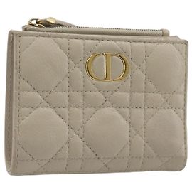 Portafoglio Christian Dior Cannage Caro Dahlia in Pelle d'Agnello Beige Gold Auth 200738A