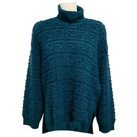 Fendi Dark Teal FF Zucca Logo Pattern Mohair and Wool Knit Turtleneck Sweater