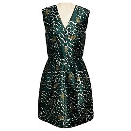 Yigal Azrouel ärmelloses Cocktailkleid aus Satin in Grün Multi mit Leoparden-Animal-Print und V-Ausschnitt