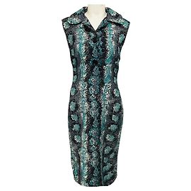 Abito midi senza maniche in crepe di lana con stampa pitone Prada Teal / Ivory / Black