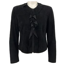 Chaqueta de ante negra con volantes delanteros Elie Tahari