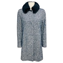 Autre Marque Amina Rubinacci Blue / White Wool and Alpaca Tweed Coat with Mink Fur Collar