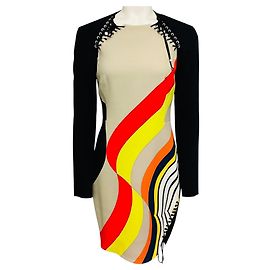 Robe en crêpe à manches longues Emilio Pucci Noir / Beige Multi avec imprimé Pucci et détails à lacets