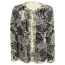 Chaqueta de punto Oscar de la Renta Ivory / Black adornada con perlas y lentejuelas