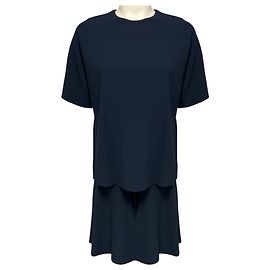 Vestido midi de crepe de lana azul marino con capas y manga corta Brunello Cucinelli