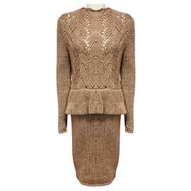 Vestido midi peplum de punto brillante de manga larga Genny Taupe / Gold Metallic