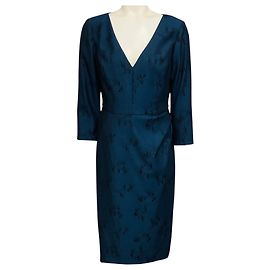 Vestido midi de jacquard floral manga larga azul marino Carolina Herrera