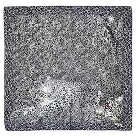 Escada Vintage Seidentuch Groß Quadratisch Tiger-Print Mehrfarbig Blau / Schwarz / Rosa