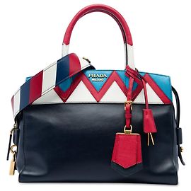 Sac Satchel Prada City en cuir de veau Greca Esplanade bleu, taille Medium, garnitures en Saffiano