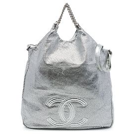 Borsa Satchel Rodeo Drive Chanel Large in vitello glassato metallizzato argento traforato