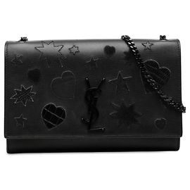 Autre Marque Saint Laurent Kate Crossbody Medium aus Kalbsleder in Schwarz, monochrom mit Stern- und Herz-Patchwork-Monogramm