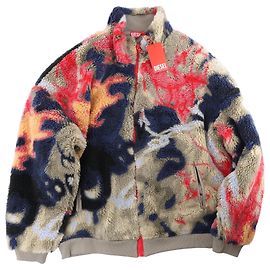 Diesel S-LUKE GIACCA Casaco de teddy-fleece com motivo de graffiti em Brown x Red, Tamanho XXL