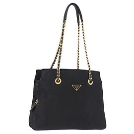PRADA Chain Shoulder Bag Nylon Black Gold Tone