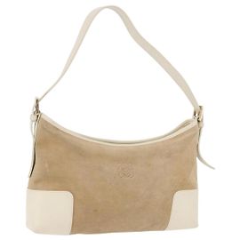 LOEWE Anagram Shoulder Bag Suede Beige Gold Tone