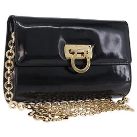 Autre Marque Salvatore Ferragamo Gancini Chain Shoulder Bag Patent Black Gold