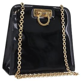 Salvatore Ferragamo Gancini Chain Shoulder Bag Patent Black Gold