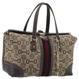 GUCCI Horsebit Sherry Line Boston Bag Canvas Beige Gold 150335