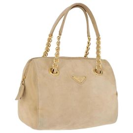 PRADA Hand Bag Suede Beige Gold