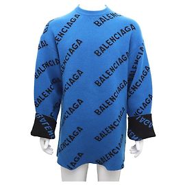 Balenciaga Oversized Wollstrickpullover mit kontrastierendem Allover-Logo und Rundhalsausschnitt