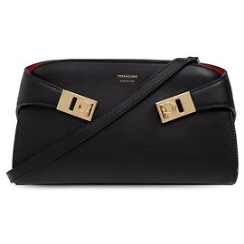 Salvatore Ferragamo Bolsa de Ombro e Tiracolo Hug Gold Logo Preta