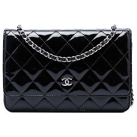 Chanel Black CC Quilted Patent Wallet On Chain
