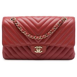 Chanel Red Medium Classic Chevron Lambskin Double Flap