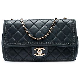 Chanel Black CC Quilted Iridescent Calfskin Whipstitch Single Flap