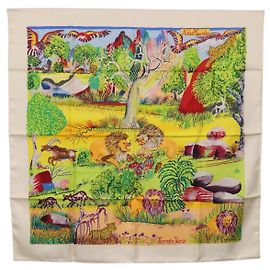 Hermès Pañuelo HERMES Carre 90 de Seda "Nuba Mountain" Ivory Auth 200116M