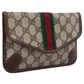 Pochette GUCCI GG Supreme Web Sherry Line PVC Beige Auth 201201A